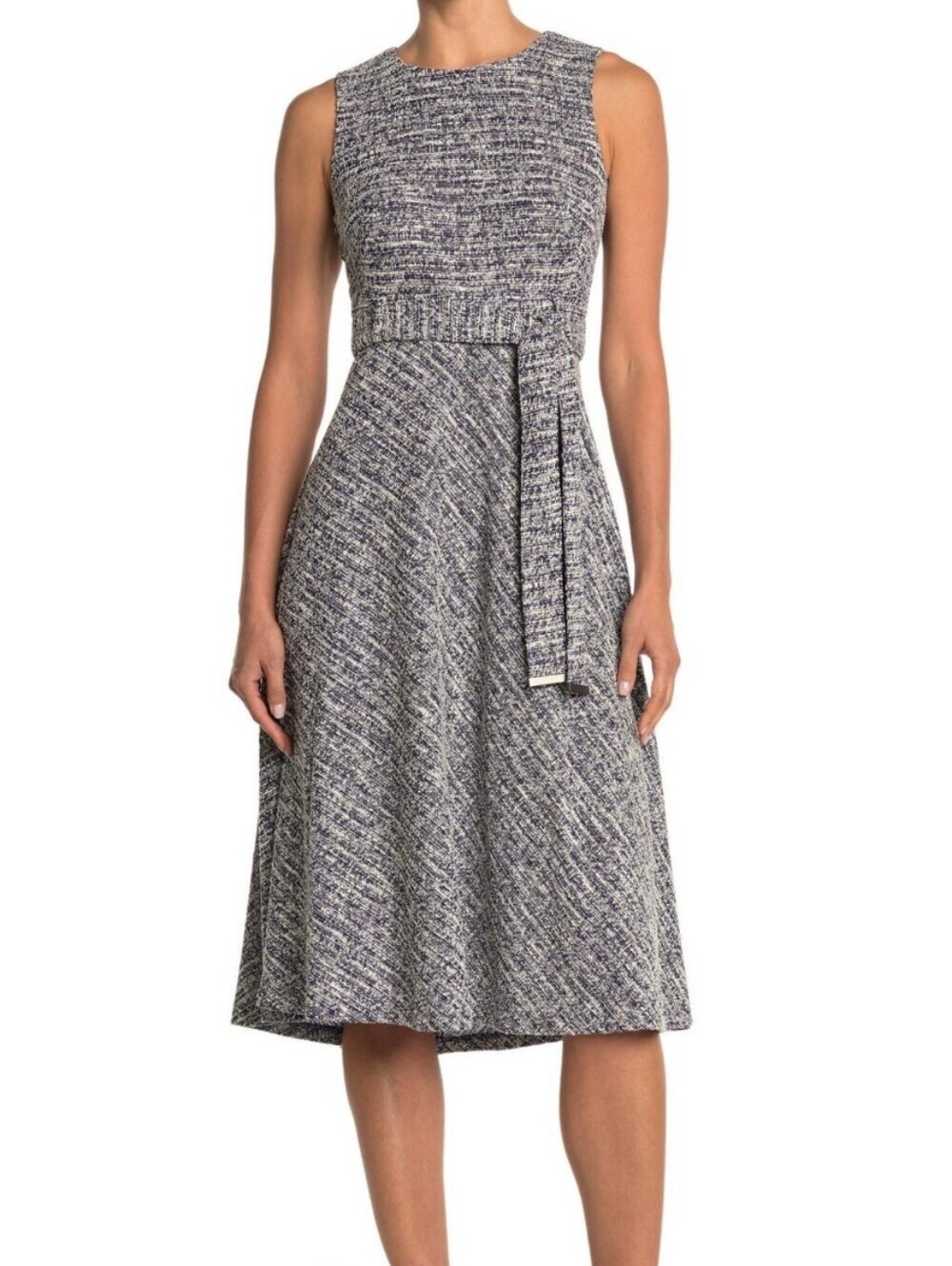 Calvin Klein Multicolor Tweed Boucle Sleeveless Belted Fit & Flare Midi Dress